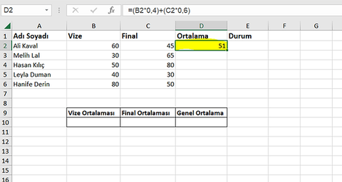 Excel Vize Final Ortalaması Hesaplama