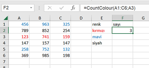 Excel’de yazı rengine göre hücreleri sayma işlemi