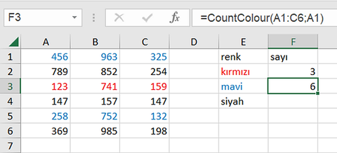 Excel’de yazı rengine göre hücreleri sayma işlemi