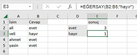 Excel’de “Evet” veya “Hayır” yanıtlarını sayma