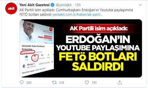 Cumhurbaşkanı Erdoğan'ın Youtube paylaşımına FETÖ botları saldırdı!