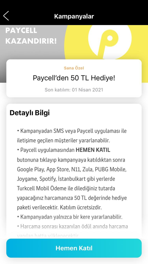 Paycell den 50 TL Hediye Size Özel