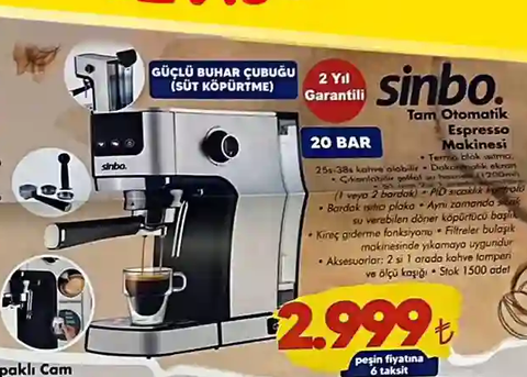 Sinbo Espresso Makinesi 2.999 TL - ŞOK Market