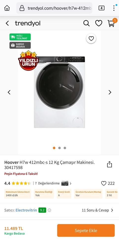 Hoover H7w 412mbc-s 12 Kg Çamaşır Makinesi 11490TL