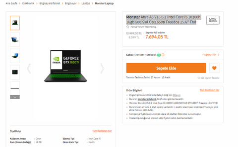 Monster Abra A5 V16.6.1 Intel Core I5 10200h 16gb 500 Ssd Gtx1650ti Freedos 15.6'' Fhd 7700TL