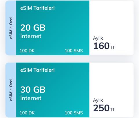 Turk telekom  e-sim özel  paketler  30GB 250₺