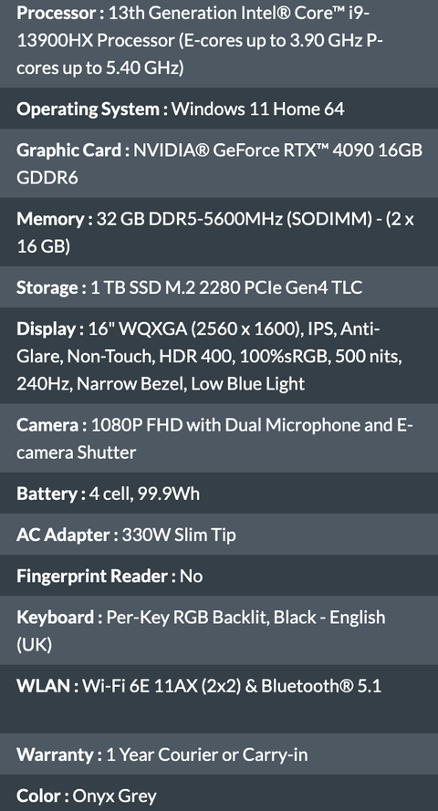 Lenovo Legion Pro 7 (16”, Intel i9-13900hx, Nvidia Rtx 4090)