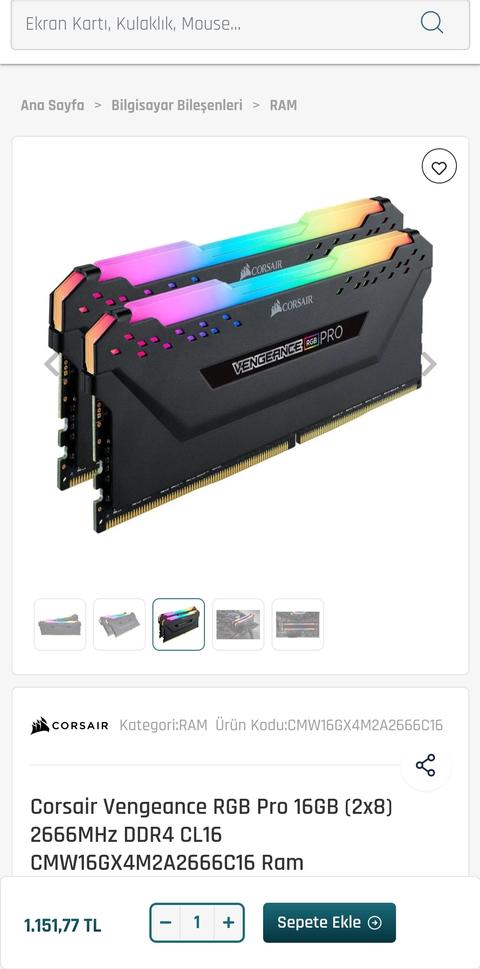 Corsair Vengeance RGB Pro 16GB (2x8) 2666MHz DDR4 CL16 1152TL