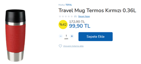 Carrefoursa TEFAL Travel Mug Termos Kırmızı 0.36L   99,90 TL