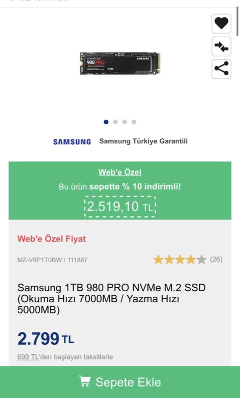 Vatanbilgisayar Samsung 1TB 980 PRO NVMe M.2 SSD    2519 TL