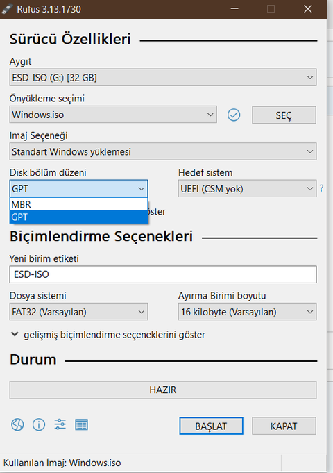 Windows 10 kurulum USB'si GPT mi MBR mi?