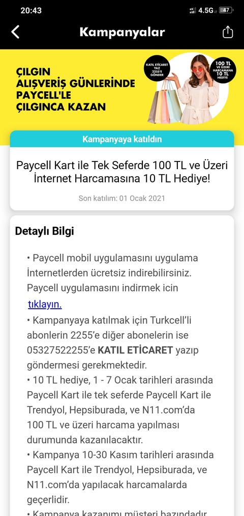 Paycell Kart ile Tek Seferde 100 TL ve Üzeri İnternet Harcamasına 10 TL Hediye!