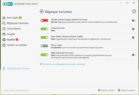 Eset internet security GERÇEK ZAMANLI DOSYA SİSTEMİ KORUMASI aktif olmuyor