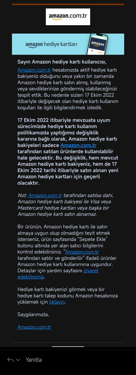 Amazon hediye kartı kullanımı hakları değişikliği