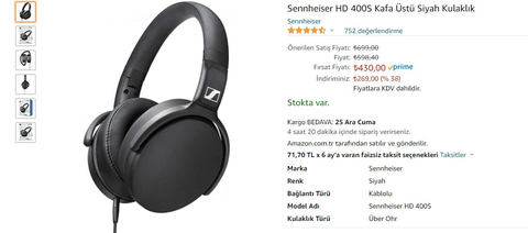 319TL Sennheiser HD300, 430TL Sennheiser HD400S Kafa Üstü Siyah Kulaklık