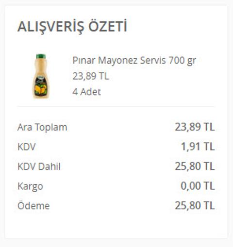 Pınar Mayonez Servis 700 gr 6,45 TL - Kargo Bedava