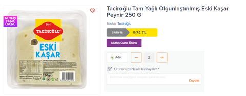 (Migros) Taciroğlu Tam Yağlı Olgunlaştırılmış Eski Kaşar Peynir 250 G 9,74 TL