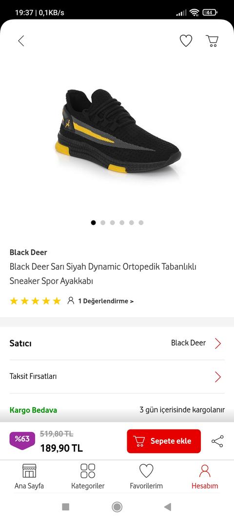 189 TL Black Deer Sarı Siyah Sneaker Ayakkabı Vodafone Yanımda