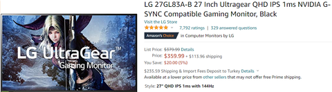 LG 27GL83A-B 2K 144 Hz IPS 10 Bit HDR 10 Gsync Compatible D.P 1.4 "2999 TL"