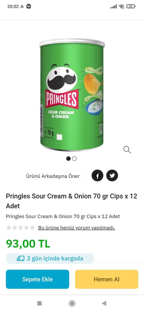 12 adet Pringles Sour Cream  Onion 70 gr Cips 93 TL