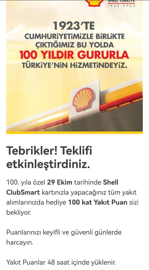 Shell Cumhuriyetin 100.Yılına özel 100 kat yakıt puan hediye!