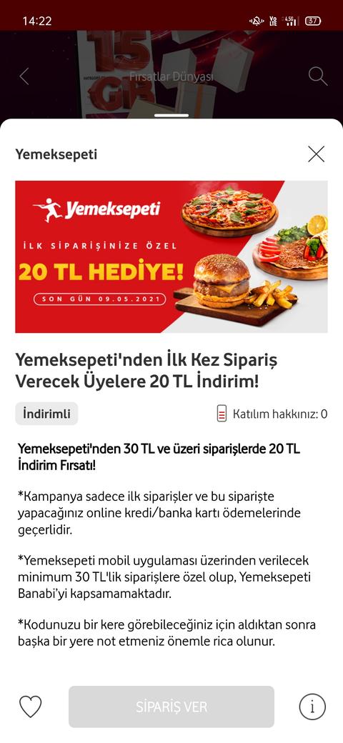 VODAFONE 30 'a 20 TL İLK SİPARİŞ İNDİRİMİ -YEMEKSEPETİ