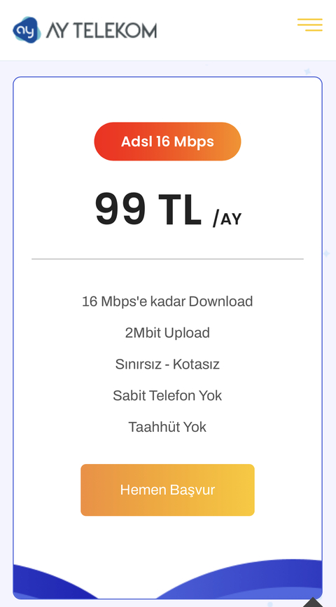 Ay Telekom 100 Mbps (Taahütsüz) 125₺