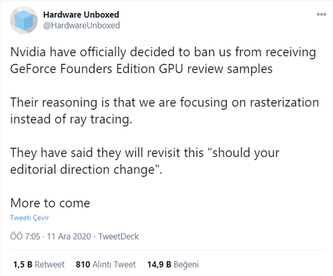 Nvidia'nın Hardware Unboxed adlı teknoloji kanalına uygulamak istediği ambargo hk