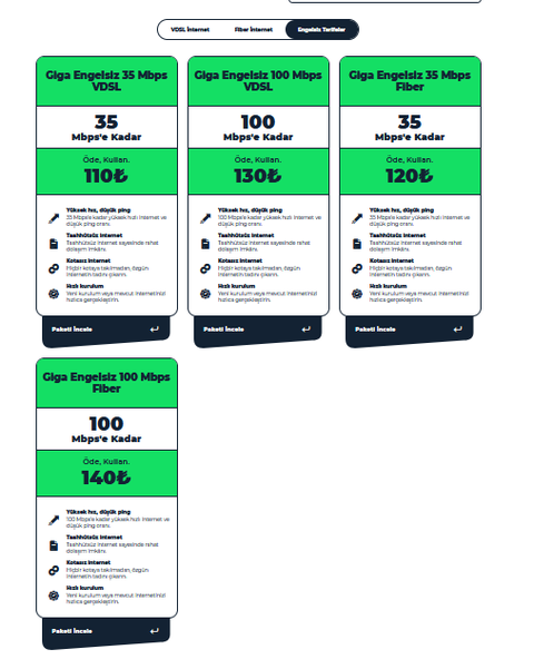 [Gigaspeed] 35 Mbps VDSL 110TL   - 100 Mbps VDSL 130TL - Gigaspeed Engelsiz Tarifeler