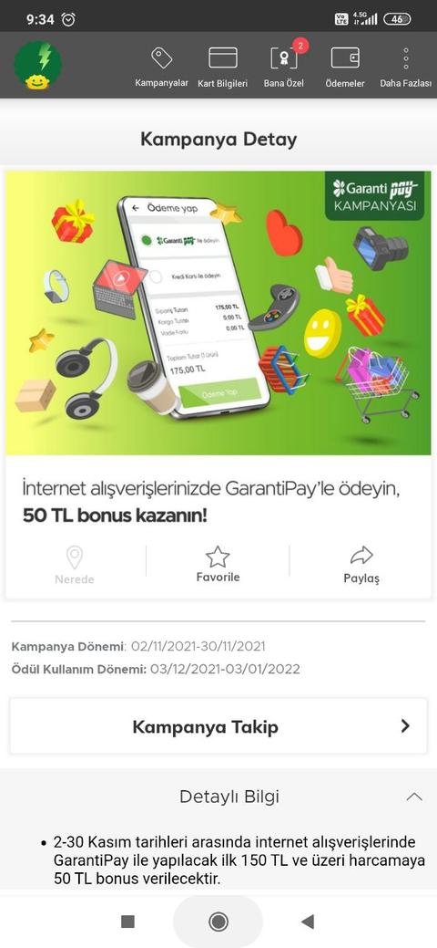 Garanti Pay ile 150 tl internet alışverişine 50 tl bonus(Kişiye Özel)