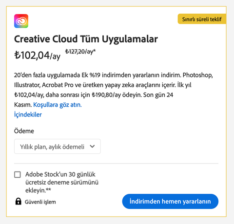 Adobe Creative Cloud Tüm Uygulamalar | 85 TL ~ 103 TL