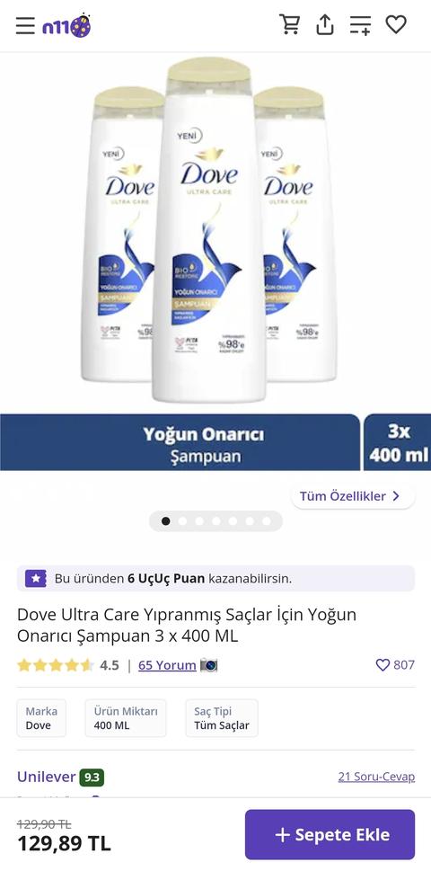 Dove Yoğun Onarıcı Yıpranmış Saçlar için Şampuan 400 ml 3 Adet 130tl