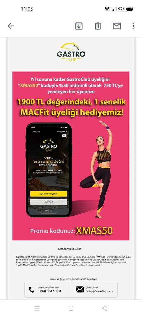 Gastroclub üyeliğine (750 TL), 1 yıl macfit hediye