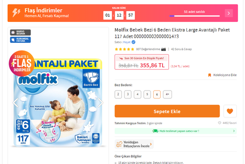 Molfix Bebek Bezi 6 Beden 117 Adet  355tl