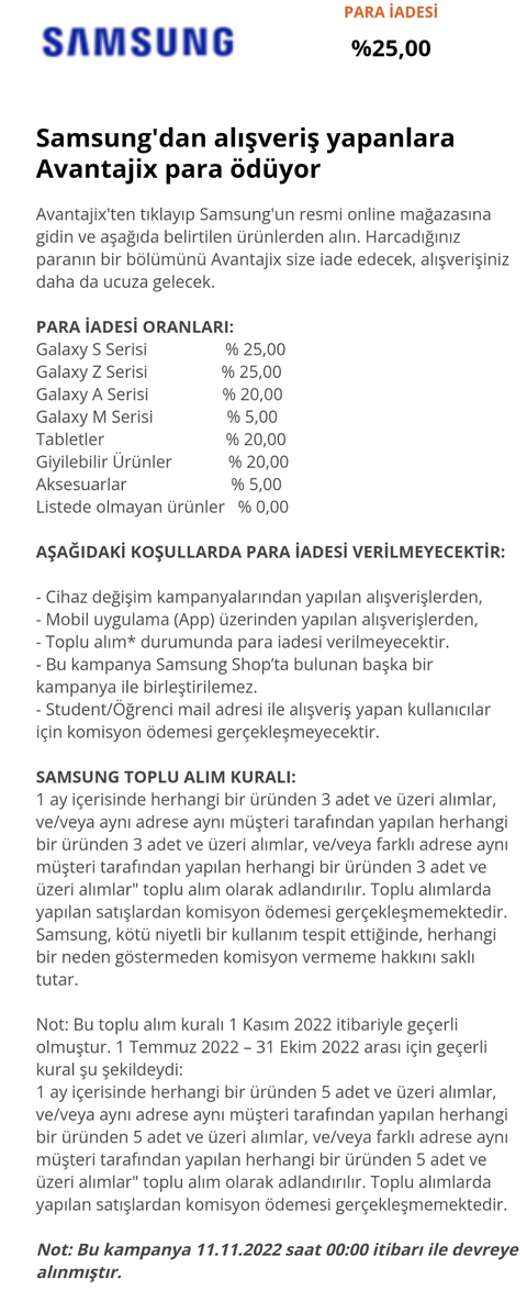 Samsung Shop Avantajx %25 iade