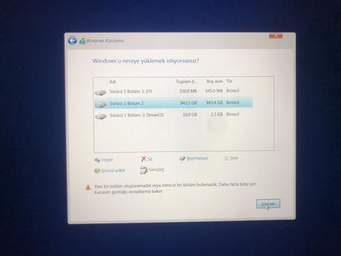 Windows 11 kurulumunda "yeni bir bölüm oluşturamadık" hatası