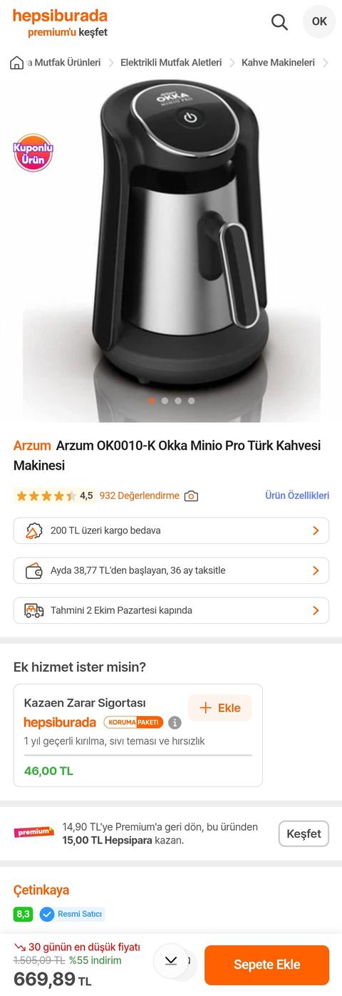 Arzum Okka Minio Pro OK0010 Türk Kahve Makinesi 670tl