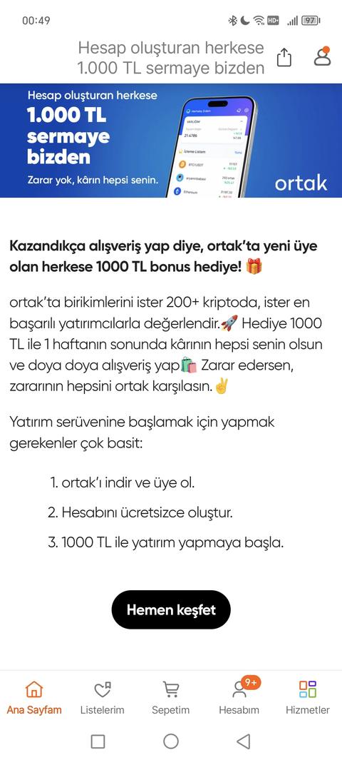 "ORTAK" uygulaması 1000 tl bakiye veriyor. Kar Senin Zarar onların