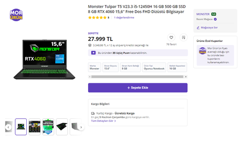 Monster Tulpar T5 V23.3 i5-12450H 16 GB 500 GB SSD 8 GB RTX 4060 15,6" FHD - 27.999 TL