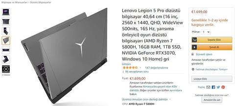 Önsipariş - Lenovo Legion 5 Pro RTX 3070 + Ryzen 7 5800H 1699 Euro (+Kargo)