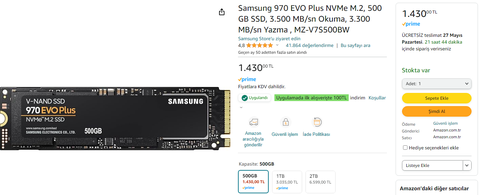 SATILIK SIFIR SAMSUNG 970 EVO PLUS 500 GB SSD