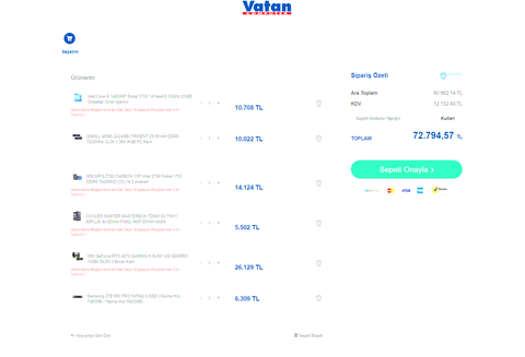 Sistem tavsiye Vatan hemen sipariş verilecek