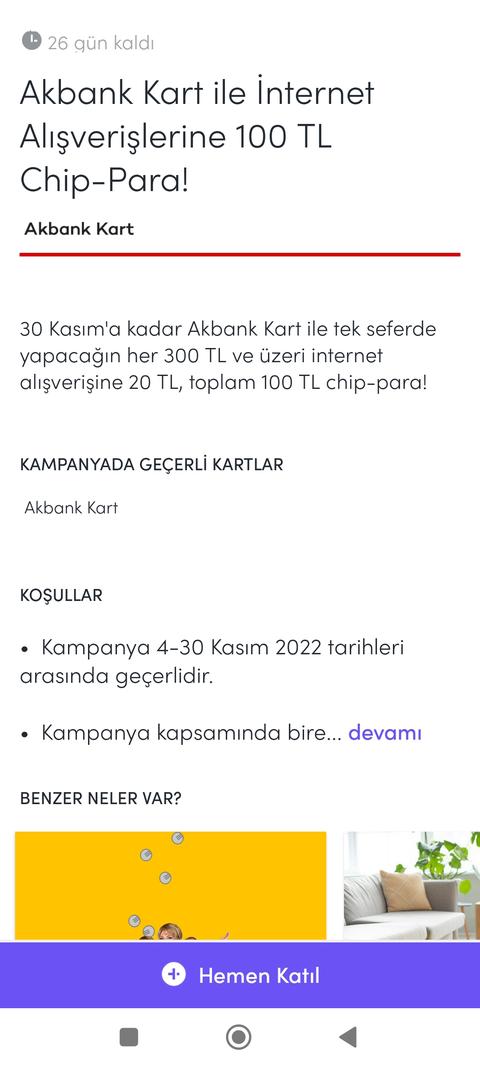 Akbank kart ile internet alışverişlerine 100 TL chip para