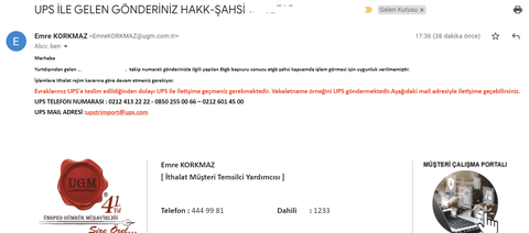 Değişim için gönderilen ürün için vekaletname istenmesi (UPS)