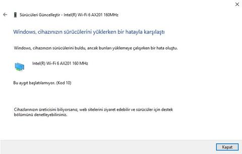 Intel(R) Wi-Fi 6 AX201 160MHz Windows Bu Aygıtı Durdurdu (Kod 43) Hatası