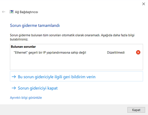 Ethernet geçerli bir IP yapılandırmasına sahip değil