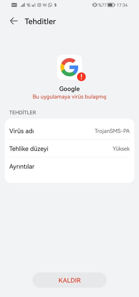 Yardım Güvenlik tehdidi Google uygulamasına virus bulaşmış olabilir bildirimi