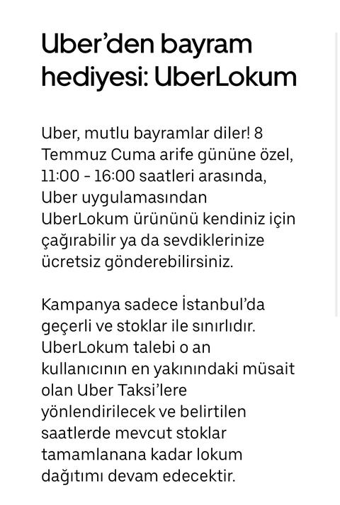 Bayrama Ozel Ucretsiz Uber Lokum (Sadece Istanbul)