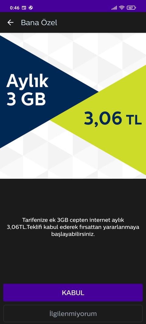 Türk Telekom ek 30 gb 9 TL (hafta sonu için). ek 3 gb 3 TL