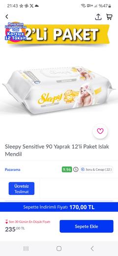[BİTTİ] Sleepy Sensitive 90 Yaprak 12'li Paket Islak Mendil sepette 170 TL ücretsiz kargo